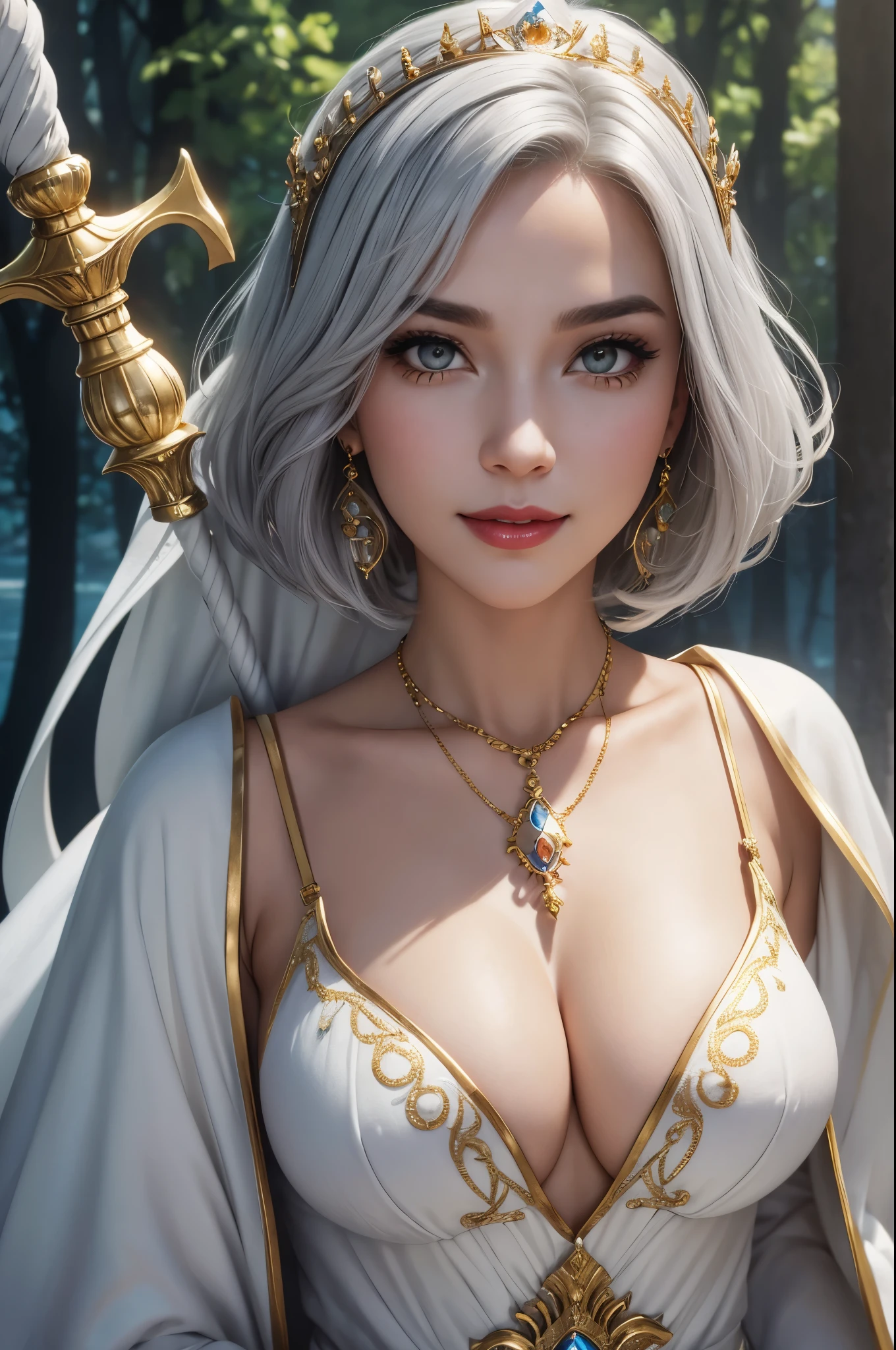 8k,American Goddess Big ,very, very big breasts,Grey medium bob hair,,Close-up of a pretty person in a white goddess costume holding a sacred staff, Cute Fantasy Empress, ((Cute Fantasy Empress)), glamorous.Very detailed, Very detailed , Up to the model | Types of bacteria, Trending on cgstation, Art Station, Gorgeous white cloak,Ultra-high resolution,Ultra-Realistic Skin,Cute expression,Fantasy art,Laughter(Like the real thing),Straight hair,Golden Eyes,Red Gem Earrings,Blue gemstone necklace,Luxury White Gauntlets,Red lipstick,Red eyeshadow,Goddess Makeup,Fighting Pose,masterpiece,Photorealistic RAW photos of the highest quality。Bright colors,Rich colors, Backlight, Cinema Lighting, Film Grain, 50mm lens, Nikon D850,Beautiful expression,Fantasy art,Character Art,View your viewers,Top view,smile,thin body type,Gray hair Medium bob hair,White and gold robe,Young girl,Pure white medium bob hair,Accentuate your cleavage,White hair medium bob,Big breasted American goddess,Circlet on forehead,