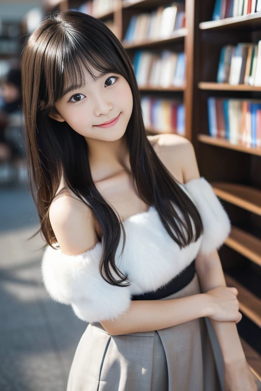 (((masterpiece))), (((Full body photo)))， (Beautiful Japanese Girl, Innocence，cute) ，Ultra-high resolution, Realistic, Ultra-detailed, 8k,Highest quality, Very detailed, Detailed Background,Slender,とてもBeautiful Japanese Girl, Detailed face:1.3), (Fluffy long hair,Black-haired :1.4), (Baby Face，cute系,Adorable 12 year old girl), (Perfect body:1.1),，Cute Smile:、show me your beautiful teeth、非常にDetailed face、Detailed lips、Detailed eyes、 gravure idol，Clear Skin、Realistic:1.37，No makeup，Neutral lighting,(Highest quality, masterpiece), (One girl, alone, school uniform,Navy blue jumper skirt,,Are standing , View your viewers, Beautiful clavicle、have a paperback book、Mouth closed, Upper Body),(at the library)