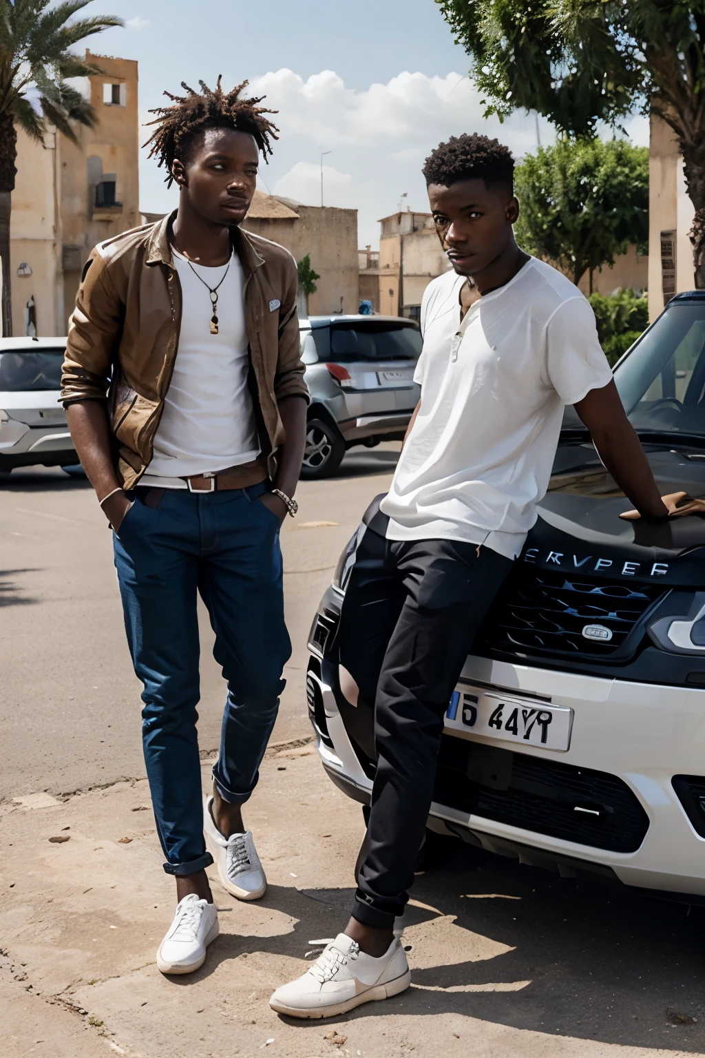 Un jeune homme africaine qui est riche tenant une malette à la main droite et habillé d'une tunique africaine, devant une Range rover avec des souliers