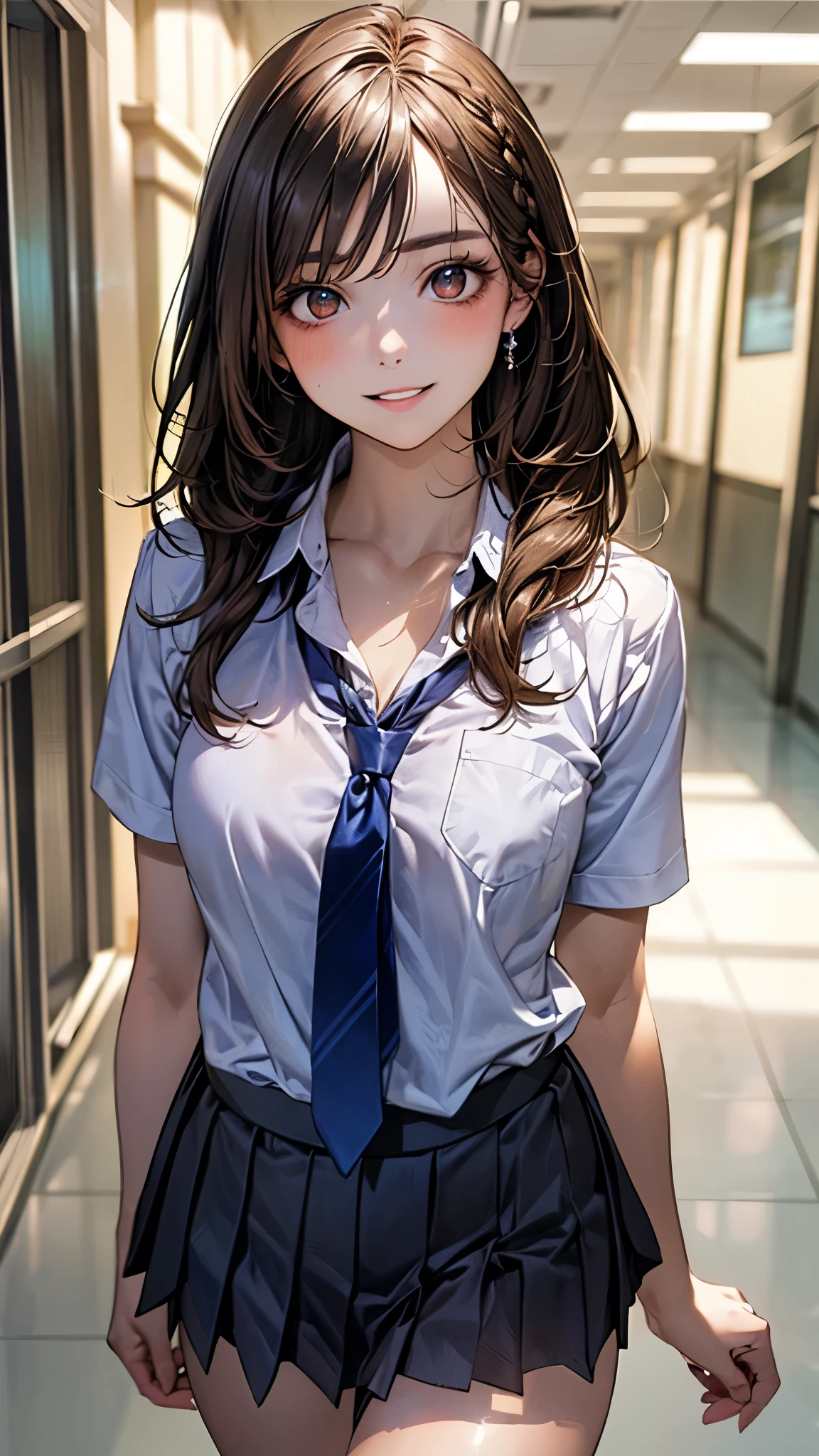 (masterpiece:1.2, top-quality), (realistic, photorealistic:1.4), beautiful illustration, (natural side lighting, movie lighting), nsfw,
looking at viewer, face focus, upper body, 1 girl, japanese, high school girl, perfect face, cute and symmetrical face, shiny skin,
(middle hair:0.6, messy hair:1.2, light brown hair), hair over eyes, dark purple eyes, long eye lasher, (mideum breasts), slender,
beautiful hair, beautiful face, beautiful detailed eyes, beautiful clavicle, beautiful body, beautiful chest, beautiful thigh, beautiful legs, beautiful fingers,
((detailed cloth texture, short sleeves white collared shirts, gray pleated mini skirt), navy tie),
(beautiful scenery), evening, ((school hallway)), walking, (look down),