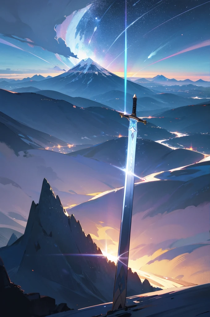 Light blue sword,Mountain,city below,Night Sky,Moon on the top right,Shooting star in the center,A little far from the camera