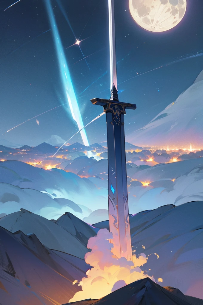 Light blue sword,Mountain,city below,Night Sky,Moon on the top right,Shooting star in the center,A little far from the camera