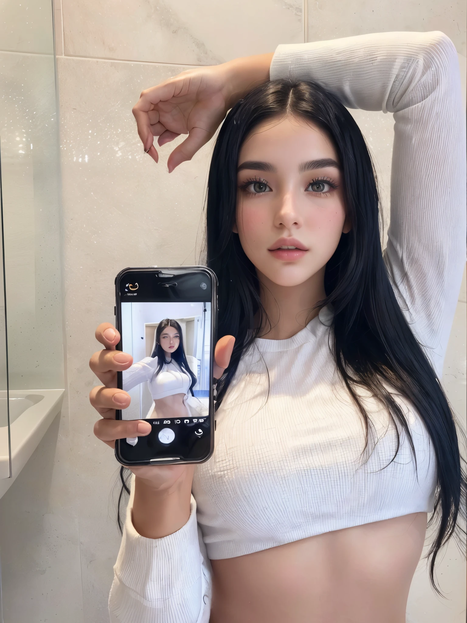 araffe woman taking a selfie in a bathroom mirror with her phone, instagram model, violet myers, portrait sophie mudd, with straight black hair, portait photo profile picture, straight black hair, bella poarch, 2 4 year old female model, by Niko Henrichon, female with long black hair, gorgeous female, selfie of a young woman