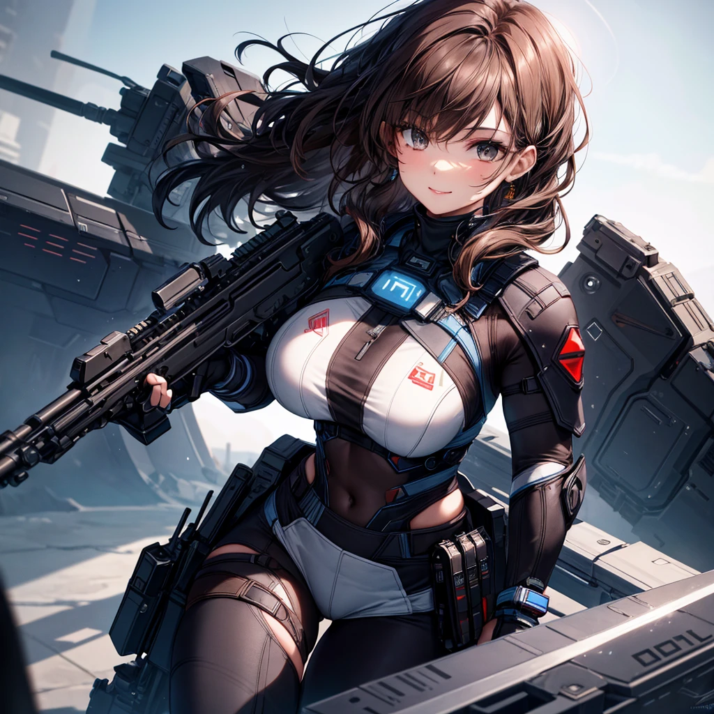 High quality, ultra-realistic images of women. The woman is of mixed Native American and Jewish descent.. Powerful Features, Fair skin. Dark brown curly hair, Dark Eyes. The woman is wearing a semi-futuristic combat suit.. She has a gun and a knife strapped to her body.. Beautiful woman smiling. Her eyes shine with hatred.