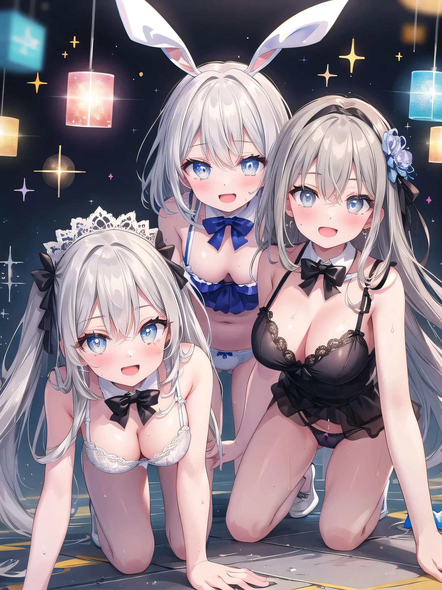 (8K, Highest Quality, Masterpiece:1.3)), Ultra HD, (2 Girls, Duo), (Color Changing Eyes, Ultra Detailed, Expressive Sparkle, Sparkling Eyes), Very Detailed Eyes, Very Detailed Face, Random Hair, (Silver Grey Color), Exposed, Two People Side by Side, On All Fours, Bunny Girl, Mirror Ball, (Cute Panties:1.3), (Ecstatic Expression:1.4), White Skin, Seductive, Cleavage, Wet Panties, Disco