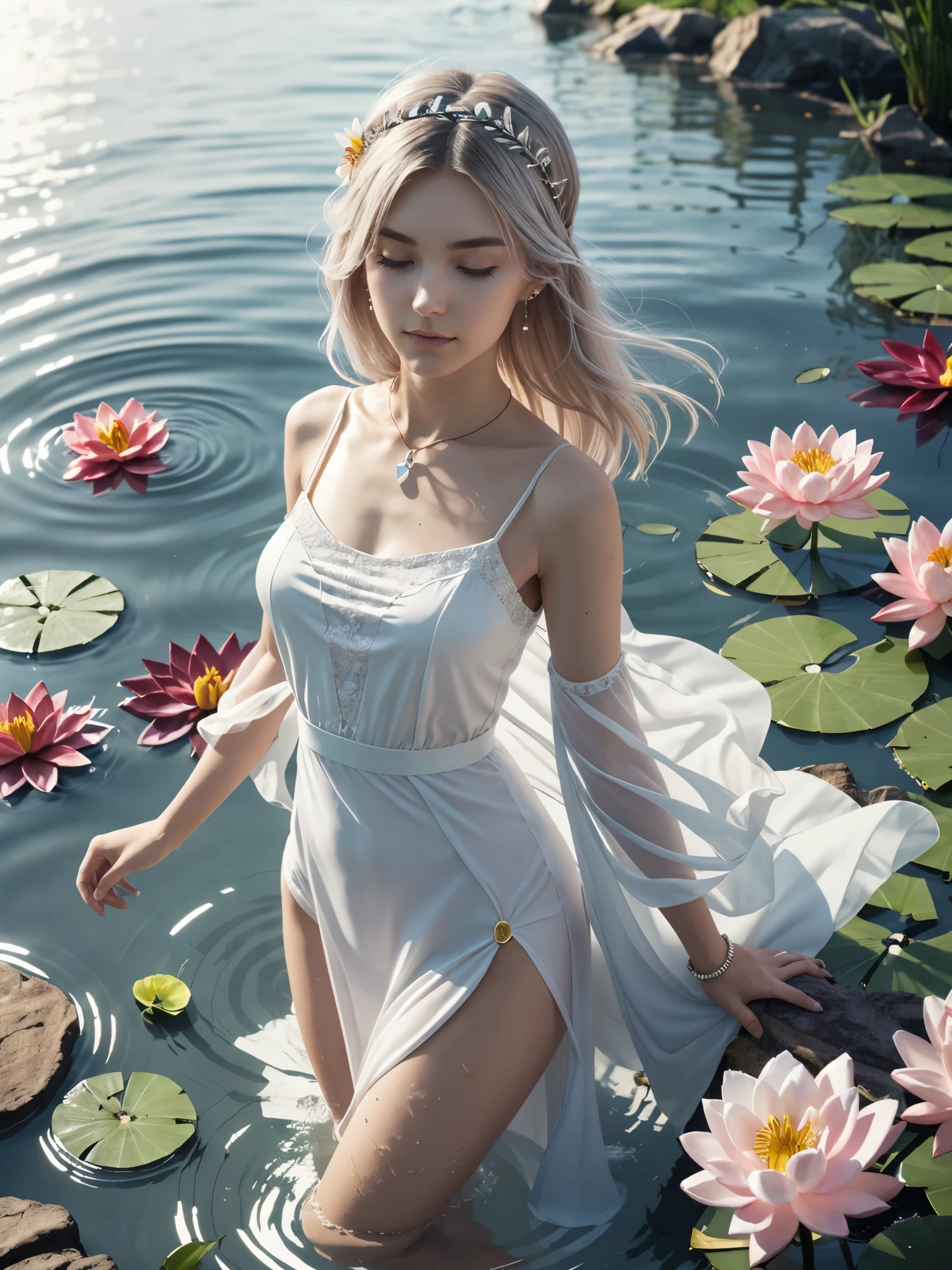 1girl, from above, standing, ruffle dress, detailed face, (looking at viewer:1.2), wet hair, wet clothing, white hair, white dress, necklace, earring, delicate headpiece, body of water, floating varieties of flowers, vibrant colors, lotus, lilies, petals, few ripples, serene atmosphere, calm surface, tranquil scene, natural beauty, detailed textures, gentle waves, clear water, botanical diversity, picturesque setting, visible fish swimming beneath, aquatic life