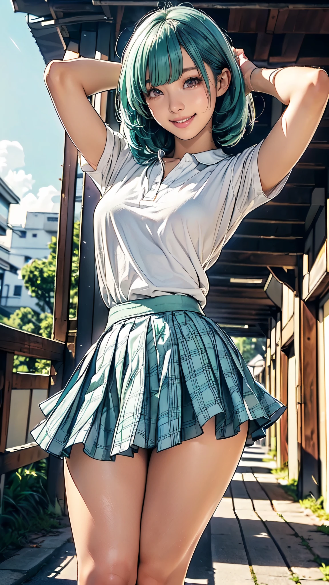(masterpiece,Highest quality,High resolution,Line art,Anime Style:1.2),(One high school girl:1.2), ((White polo shirt), (Short navy blue pleated skirt, Plaid), (White cotton panties),(White sneakers),(White socks)),(Smiling happily, showing his teeth:1.3),(Straight long hair swaying in the wind,Light green+Light blue hair,Natural Makeup, Eyelash extensions, Make your eyelashes thinner and longer:1.3),(Cowboy Shot:1.3),(16 year old Japanese girl:1.2),(Clothes that look good:1.2),(School corridor:1.3), The subject is seen from below, (The wind blows her short skirt up, exposing her panties, White cotton panties:1.3), (Are standing, Random sexy poses:1.3), (Place your hands behind your head:1.3), (Thick thighs:1.3)