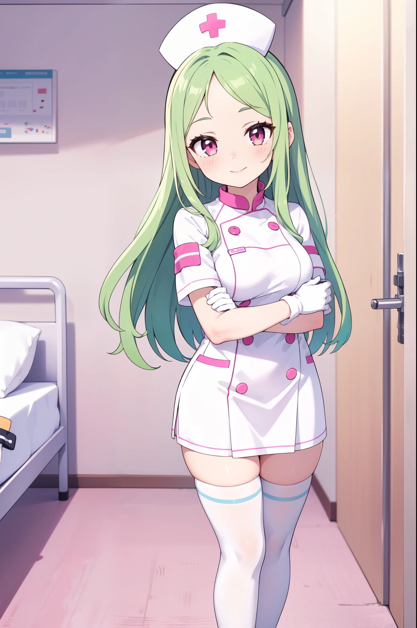 1woman, solo, nurse, white nurse cap, white nurse uniform, ((white legwear, zettai ryouiki)), white gloves, forehead, long hair, green hair, pink eyes, pink lips, smile, standing, ((hospital room)), sharp outline, short sleeves, mature female, 35 years old, best quality, masterpiece