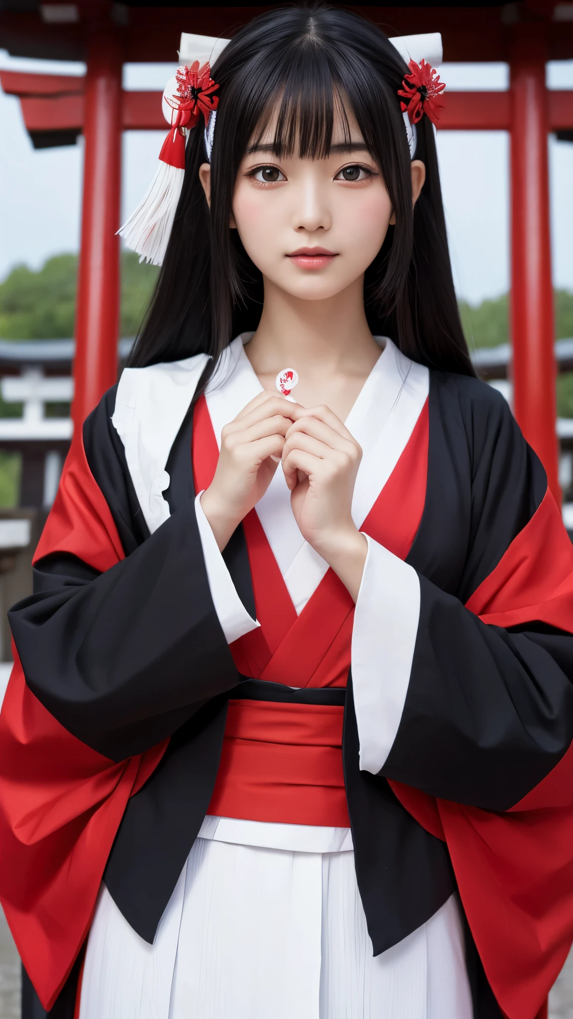 Shrine maiden　Japanese style background　Fortune telling　Black Hair　beautiful girl　Modest chest　High resolution, Textured skin, Ultra high definition, front