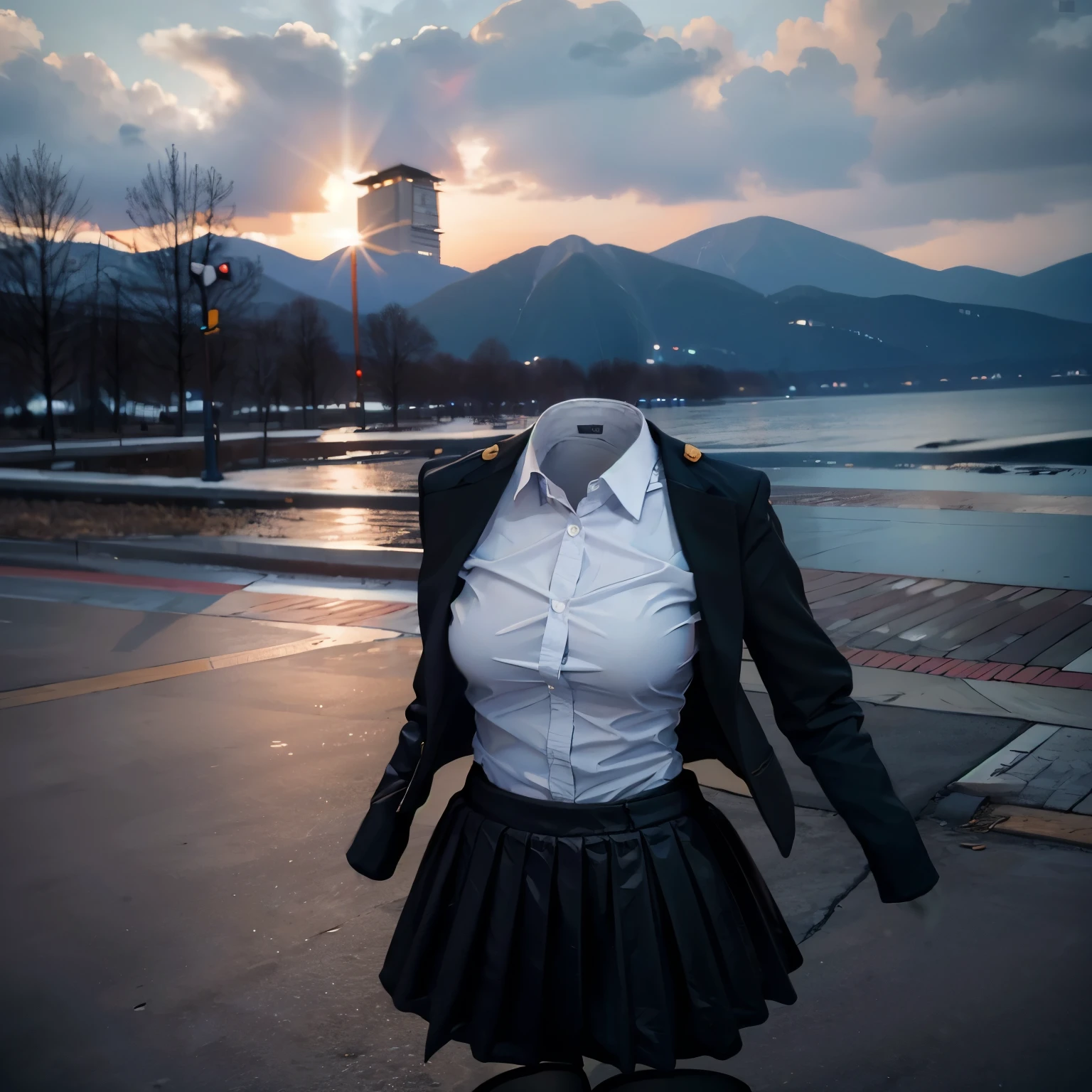 (invisible, no humans, headless, handless, faceless:1.8),cute big breasts, dynamic angle, white shirt, pleated skirt, striped necktie, collared shirt, black jacket, black skirt, long sleeves, school uniform, black socks, sarashina ruka, (close-up to breasts:1.4), best quality, high resolution, (8k, RAW photo, best quality, masterpiece:1.2), (realistic, photo-realistic:1.37), photon mapping, radiosity, ((Hasselblad photography)), physically-based rendering