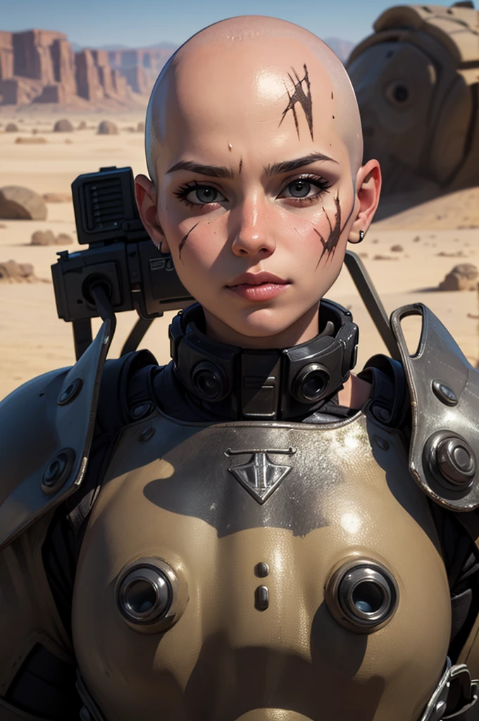 ((Best quality)), ((masterpiece)), (detailed), 1 girl, bald head, no hair, desert, scar in face, young face, black power armor