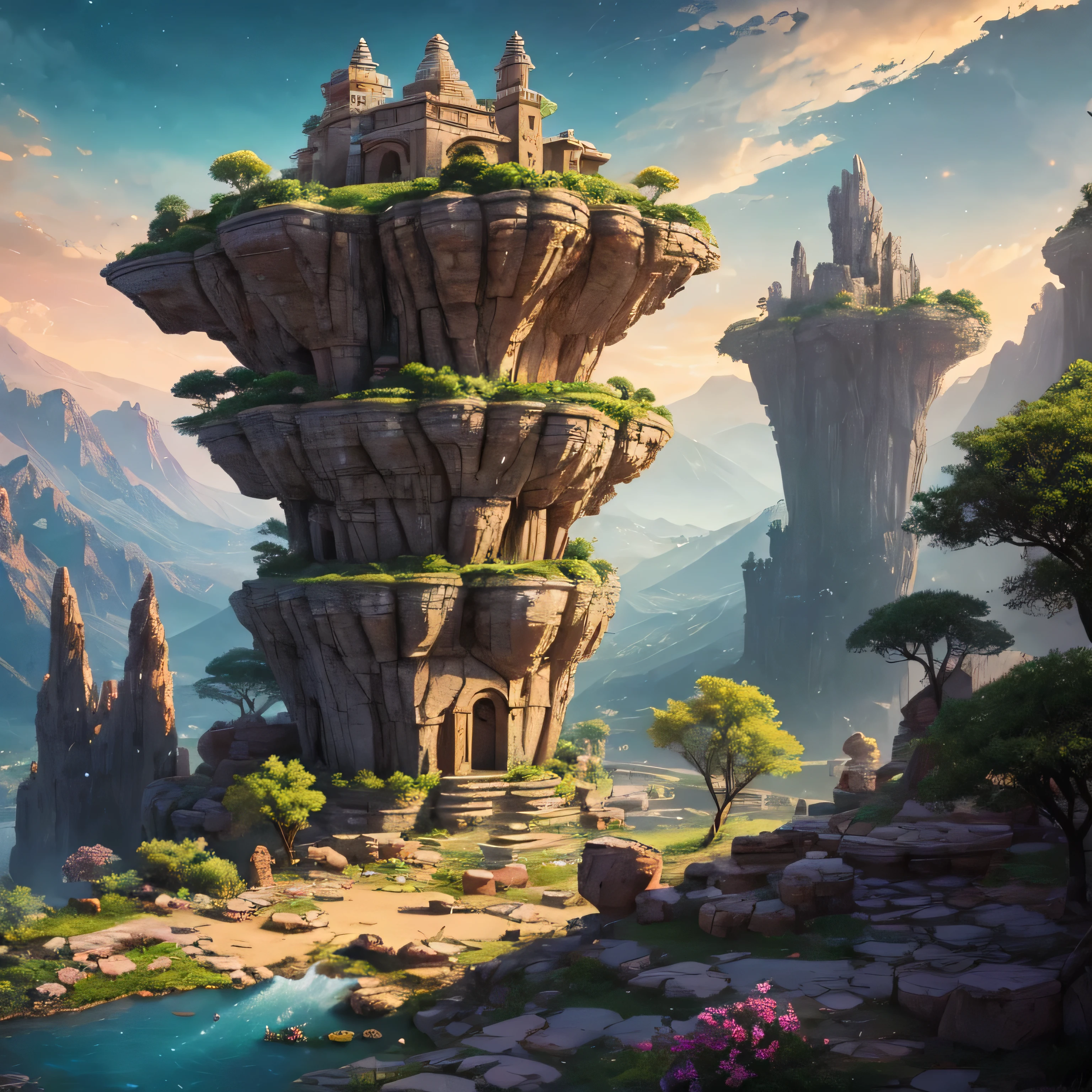 In the heart of the scene,two ancient beings, Thanato e Pimenta, display profound cosmic energy. Searching-os, a vibrant explosion of colors erupts, representing the original state of the universe, like a newborn and full of life. five gods, called Ozis, coal city, to work, Zilewo, e Zulfikar, can be seen in the image. Each has a distinct appearance and expression, reflecting the connection between beings and the universe.
Around the universe, tower of eight huge floating rocks, symbolizing the cosmic garden: Zalanle, prefect body, Acrylic, Terrax, Mother, times