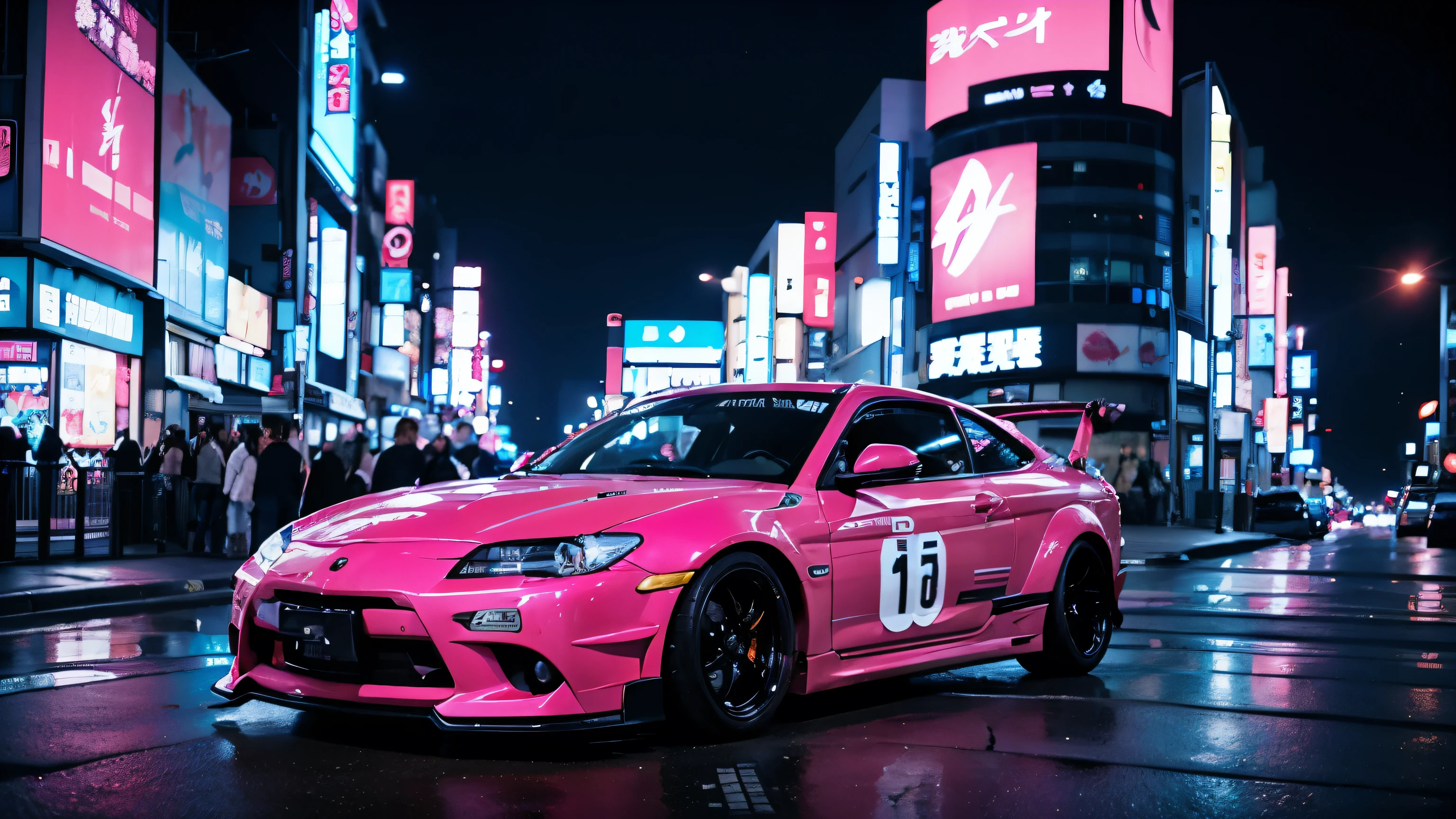 JDM pink car in Tokyo night,Cyberphunk, neon, lights, HD