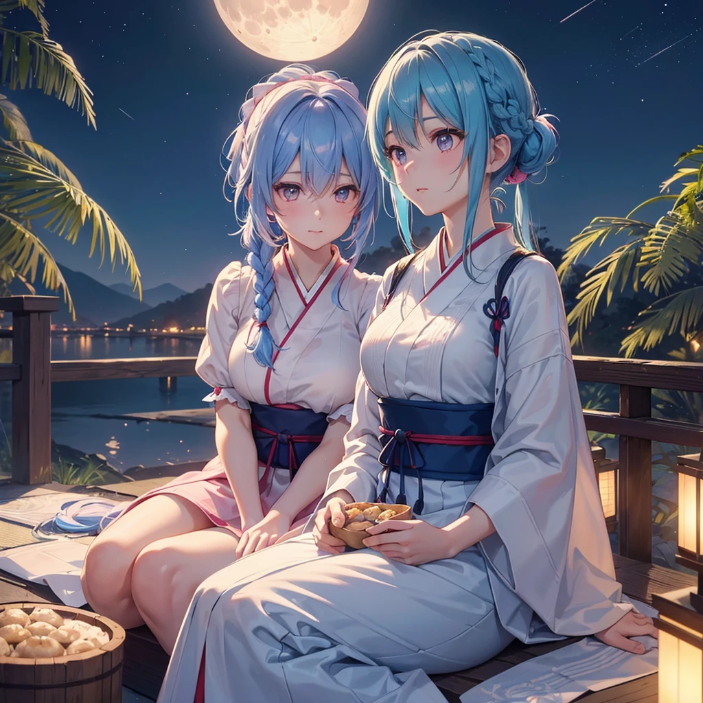 Sky blue hair, (Braided Ponytail), Pink eyes,Fair skin ,(whole body),(One Girl),Tsukimi,Dumpling,Japanese pampas grass,(beautiful, Full moon shining in the night sky),(masterpiece, Highest quality, Very detailed, Best Shadow), (Detailed Background), (Beautifully detailed face), High Contrast, (Best lighting, Very delicate and beautiful), ((Cinematic Light)), colorful, Hyper Detail,8k, Dramatic Light, Intricate details,Sit and eat dumplings while watching the moon,Rabbit pattern on the moon