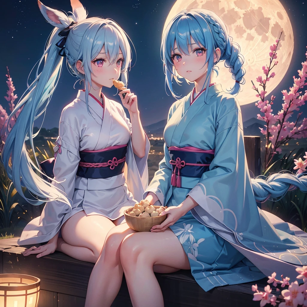 Sky blue hair, (Braided Ponytail), Pink eyes,Fair skin ,(whole body),(One Girl),Tsukimi,Dumpling,Japanese pampas grass,(beautiful, Full moon shining in the night sky),(masterpiece, Highest quality, Very detailed, Best Shadow), (Detailed Background), (Beautifully detailed face), High Contrast, (Best lighting, Very delicate and beautiful), ((Cinematic Light)), colorful, Hyper Detail,8k, Dramatic Light, Intricate details,Sit and eat dumplings while watching the moon,Rabbit pattern on the moon