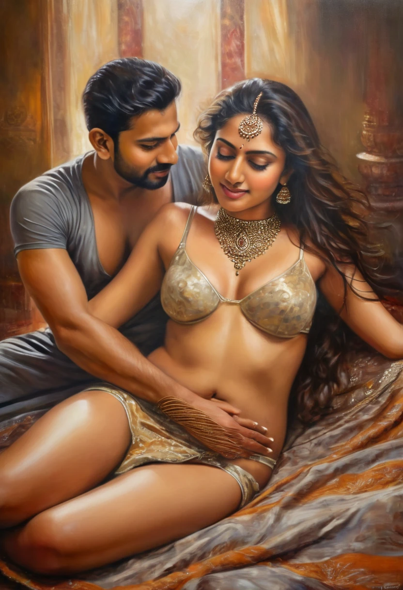 Painting of a sensual desi dusky couple and their intense love, she's lying down completely nude sexy busty woman with good curves and amazingly beautiful , a thin waist chain, a man with beard wearing just a thin cloth around his waist massaging her body with oil, an intense painting with love and lust, extremely detailed, intricate details, intensely lustful smile and ambiance, 