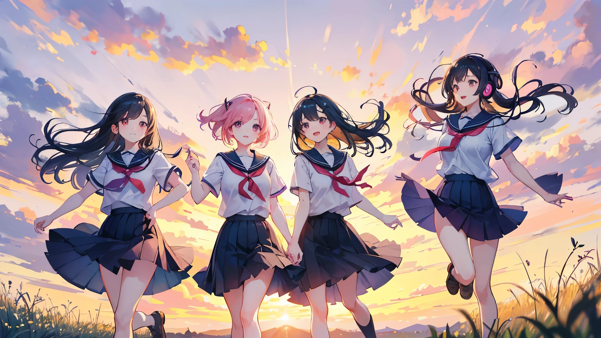 Create a scene of three girls playing joyfully on a country path after school. One girl is wearing over-ear headphones while all three girls chase each other happily. The background should depict a warm, post-school afternoon with a golden-orange sunset illuminating the fields. The sky is painted with soft pink and purple clouds. The three girls, wearing school uniforms, are running from the left side of the frame towards the right, appearing relatively small compared to the overall scene. The entire image should be infused with a sense of youthful energy and warm friendship, showcasing a beautiful, relaxing post-school time.