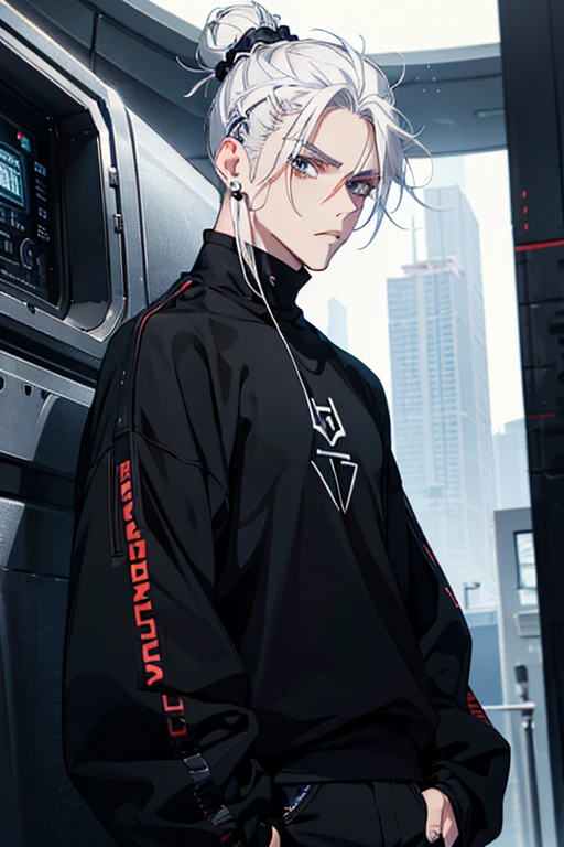 Anime man gradient young white hair low on shaved sides turns hair bun to the left side in the middle serious face with black earrings black sweatshirt Speed jeans futuristic clothes black dark circles under his eyes big black hair big brown hair extremely futuristic clothes futuristic clothes futuristic sweatshirt black skinny jeans male