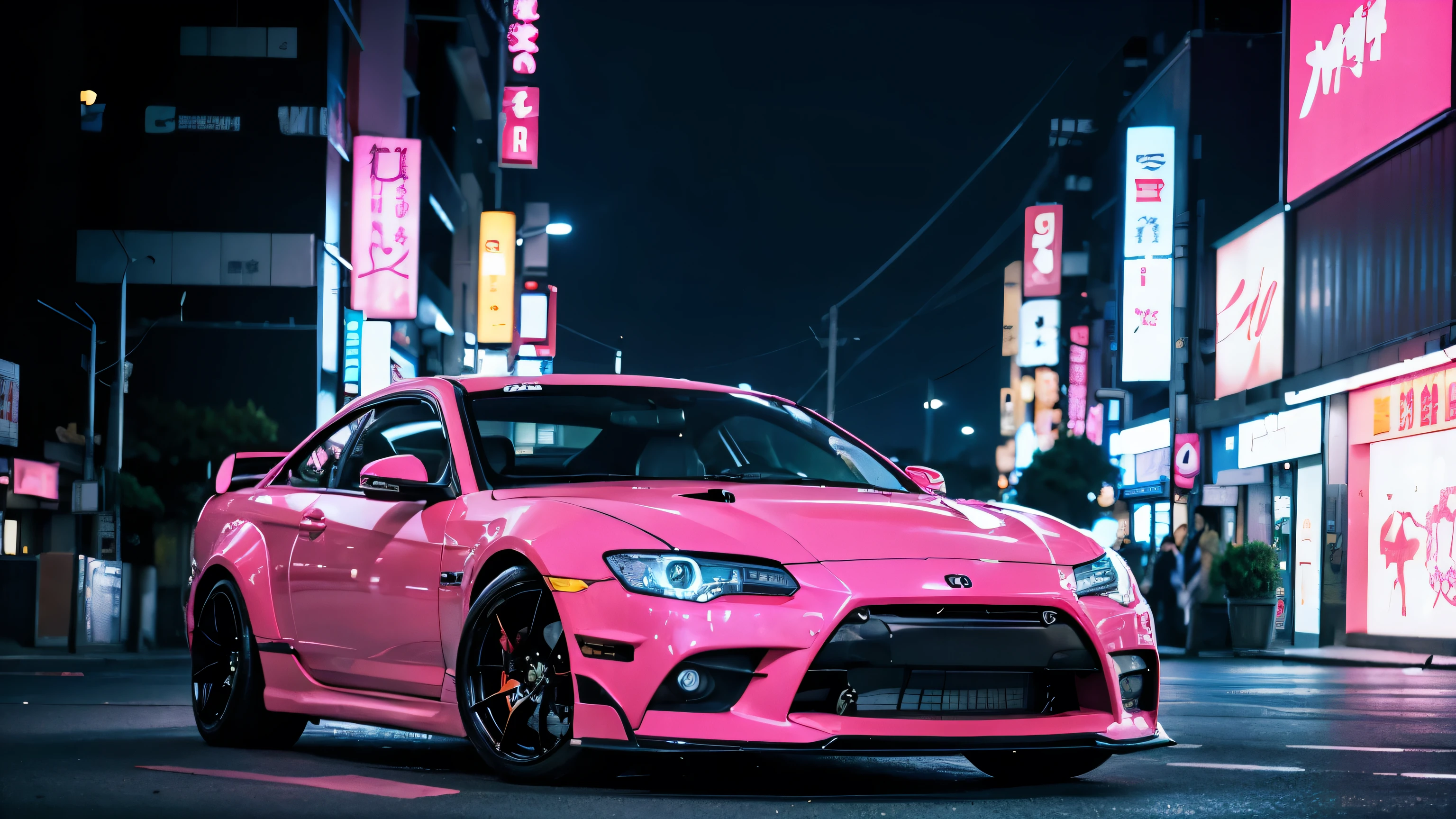 JDM pink car in Tokyo night,Cyberphunk, neon, lights, HD