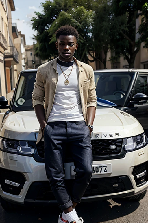 Un jeune homme africaine qui est riche tenant une malette à la main droite et habillé en veste , devant une Range rover avec des souliers 
