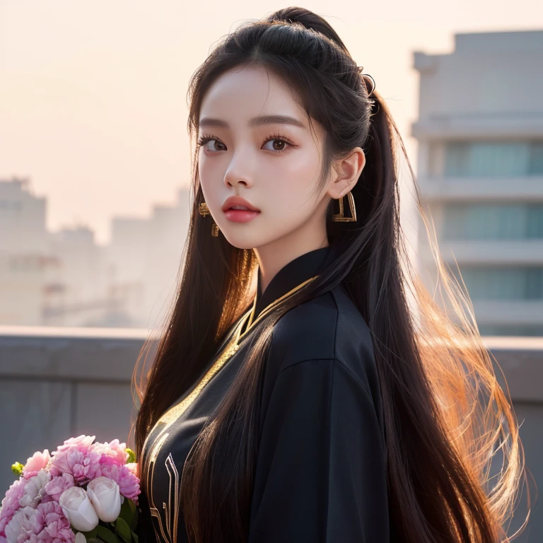 Close-up photo of a woman, Instagram model, Photo of a thin young model, Jennie Blackpink, Crop, Dilraba Dilmurat, Ruean Jia is very beautiful.!,  cgsociety, Gorgeous Chinese model, Female model, 2 4 years old, ponytail,Extra long hair 2 meters, With a torn cropped t-shirt, beautiful female model, Trending on cgstation, Cropด้านบน หน้าอกขนาดใหญ่มาก 38 นิ้ว,