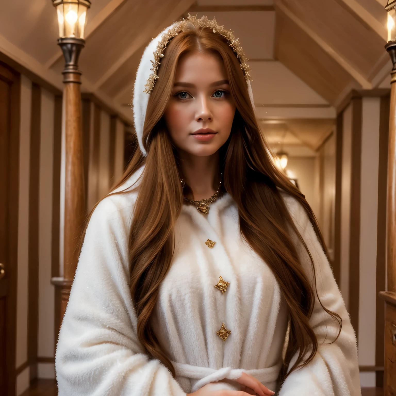 A gorgeous, pretty, shiny, kind-hearted, warm-hearted, sweet, polite, sensitive, friendly, charming, graceful, stylish, classy, alluring, majestic, ethereal, angelical ginger long haired russian woman dressed in traditional winter costumes.