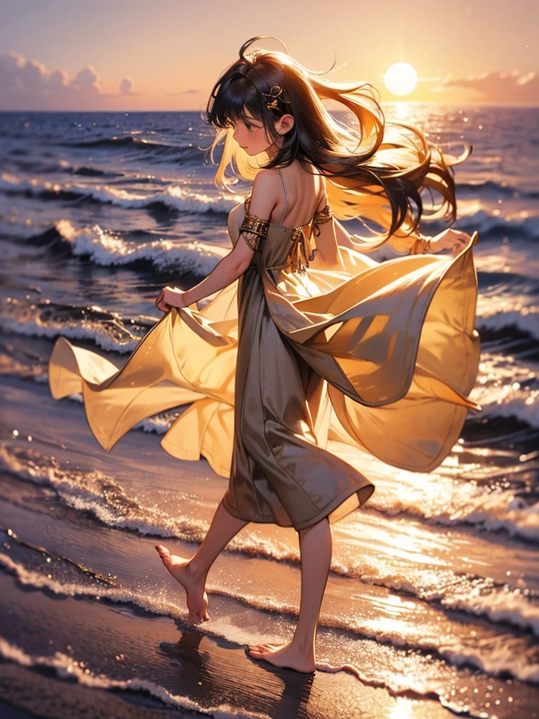 As the sun sets on the horizon, casting a golden glow over the tranquil sea, a young woman in a flowing floral dress strolls barefoot along the beach. The hem of her dress gently brushes against the sand, illuminated by the soft, warm light of the setting sun. She moves with a serene grace, her gaze fixed on the distant waves, lost in contemplation. The evening breeze lightly tousles her hair, adding to the peaceful ambiance of this quiet, reflective moment by the shore. The colors of the sunset blend seamlessly with the hues of her dress, creating a harmonious scene of natural beauty and tranquility. 8k, unique, new