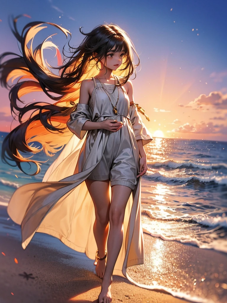 As the sun sets on the horizon, casting a golden glow over the tranquil sea, a young woman in a flowing floral dress strolls barefoot along the beach. The hem of her dress gently brushes against the sand, illuminated by the soft, warm light of the setting sun. She moves with a serene grace, her gaze fixed on the distant waves, lost in contemplation. The evening breeze lightly tousles her hair, adding to the peaceful ambiance of this quiet, reflective moment by the shore. The colors of the sunset blend seamlessly with the hues of her dress, creating a harmonious scene of natural beauty and tranquility. 8k, unique, new