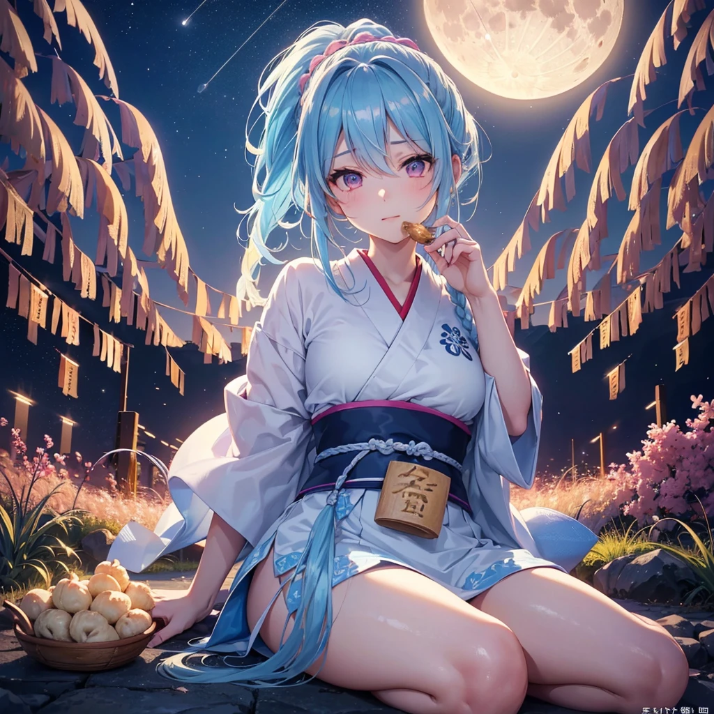 Sky blue hair, (Braided Ponytail), Pink eyes,Fair skin ,(whole body),(One Girl),Tsukimi,Dumpling,Japanese pampas grass,(beautiful, Full moon shining in the night sky),(masterpiece, Highest quality, Very detailed, Best Shadow), (Detailed Background), (Beautifully detailed face), High Contrast, (Best lighting, Very delicate and beautiful), ((Cinematic Light)), colorful, Hyper Detail,8k, Dramatic Light, Intricate details,Sit and eat dumplings while watching the moon,Rabbit pattern on the moon,mysterious