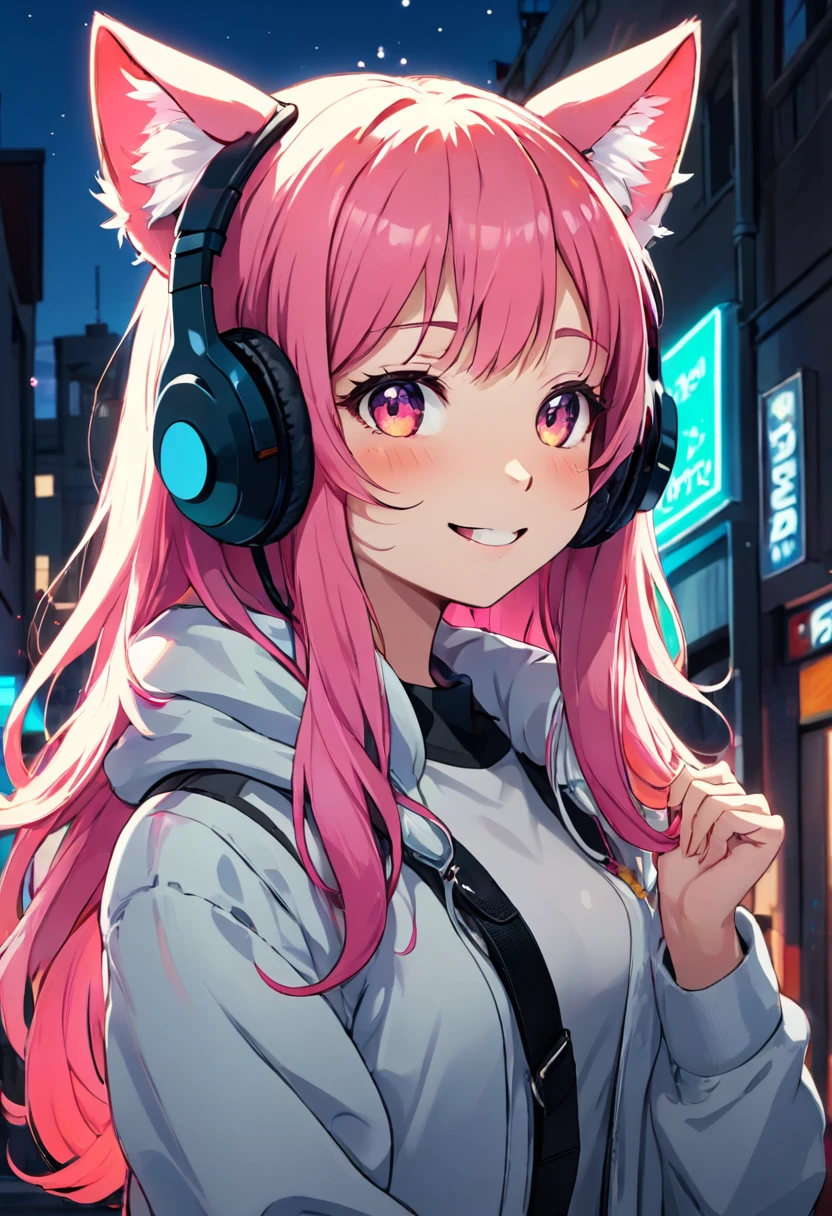 Neon Dreams, (Parte Mestre, Better Quality, Ultra-detailed, High range, best figure),Perfect Face, ((alone, foco alone, cute, neon rim lighting, neon backlighting )),Side lighting, narrative poem, figure, give, Volumetric lighting, Cosy, Transparent spirea, Glowing Skin,(Thrive), (Shine),1 girl, alone, chest, Animal ears, band aid, Open your mouth, Animal ears falsas, band aid no rosto, Headphones on head, Animal headphones, band aid no nariz, With a smile, View the viewer, Cat headphones, Long Hair, coat, Upper Body, range, enamel, Pink Hair, chest grandes, cabelos multicolorfuls, colorful, Denté, hair ornaments, Neon Theme, Futurism No,Urban Background