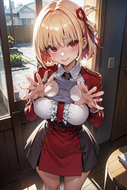 presenting panties, panties, holding, holding panties,  Pay attention to the panties, (White panties:1.2), ((Five Fingers)),
((Highest quality)), ((masterpiece)),(detailed),High resolution,Sharp focus,Perfect Face,{best illustration},(complete anatomy),
(非常にdetailed CG unity 8k wallpaper),(((Vibrant colors))),Official Art,((detailedなボディ)),(detailedな顔)),Perfect Fingers,
cute,erotic,Bold,very shiny 肌,Shiny body,plastic glitter 肌,exaggerated shiny 肌,illuminated 肌,
Big Breasts,glamorous,Tight waist,Long legs,curve,Cleavage,Bold,Revealing clothing,show 肌,
(Complex eyes,Beautiful fine details,Symmetrical eyes,Big eyes:1.5,Seductive eyes,  Natural skin texture, Realistic facial details),
(Nishikigi Sensoku),short hair,bangs,Blonde,(Red Eye:1.5),ヘアribbon,ワンサイdoorップ,Bobcut,
White underwear, (pubic hair),
indoor,bedroom,Chair,Bookshelf,chest of drawers,door,Residential area view from the window,carpet flooring, curtains,　
shirt,Long sleeve,ribbon,白shirt,襟付きshirt,belt,
ネックribbon,Red dress,青いribbon,Pleated dress,Grey Dress,Two-tone dress,赤いbelt,Licorice Uniform,　embarrassed, 
seductive smile,
