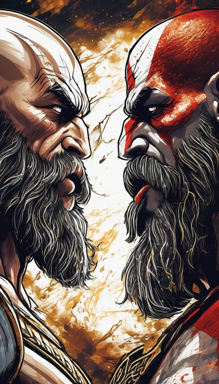 Zeus and ((Kratos)) facing each other for the first time, tension in the air, anatomy flawlessly rendered, chiaroscuro enhancing hyperbolic illustration, astonishing 32k resolution, ultra HD, realistic with vivid colors, UHD pen and ink technique, beautiful intricate,
