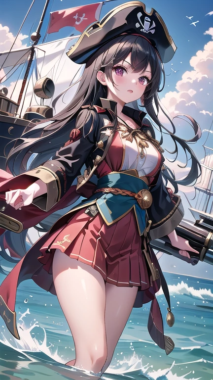 pirate ship,Lots of pirates, cannon, war, (海賊war:1.5),Girl dressed as a pirate, One girl,Black Hair,pirate shipの上,On the boat,Lots of pirates, cannon, war, 超High resolution, retina, masterpiece, Accurate, Anatomically correct, Textured skin, Super Detail, Attention to detail, high quality, 最high quality, High resolution, 4K