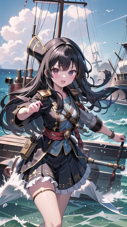 pirate ship,Lots of pirates, cannon, war, (海賊war:1.5),Girl dressed as a pirate, One girl,Black Hair,pirate shipの上,On the boat,Lots of pirates, cannon, war, 超High resolution, retina, masterpiece, Accurate, Anatomically correct, Textured skin, Super Detail, Attention to detail, high quality, 最high quality, High resolution, 4K