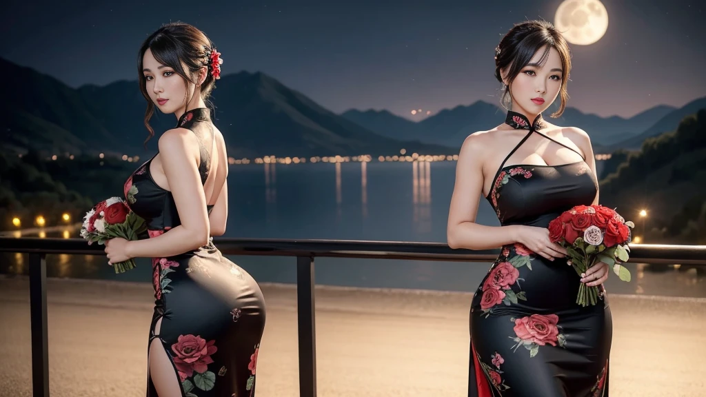 beautiful 25 year old woman, she is with a bouquet of roses, dressed in a black floral Qipao dress and long skirt, with a beautiful body, very thick and toned legs and a very big ass. and in the background a full moon night, surrounded by mountains.