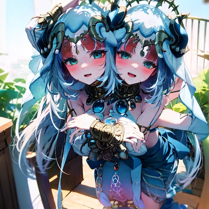 DSLR Photos, (8ก, 4K, Masterpiece),(Masterpiece, best quality), best resolution, (3 heads:1.5), aqua hair, twin tail, long hair, tear, open mouth, smile, be happy, Arms separated,Hotel Rooms, arm circle, (Put your hands on your head...), (lower hand on ankle), (lower hand on leg), Full content in the frame, full body view, (four arms),(Multi-arm),(many hands), รูปร่างเพรียวบาง Masterpiece,best quality,best resolution,1 woman,2 heads,Niludev details, upper body, smile, Blush, outdoor, day, simple background, blue sky, short hair, sky, measure, Look at the viewer., stairs, mountain, mood light, Facing the audience,big breasts,simple background,Beautiful face,Beautiful hair,beautiful eyes,beautiful body,Beautiful hands,conjoined twins
