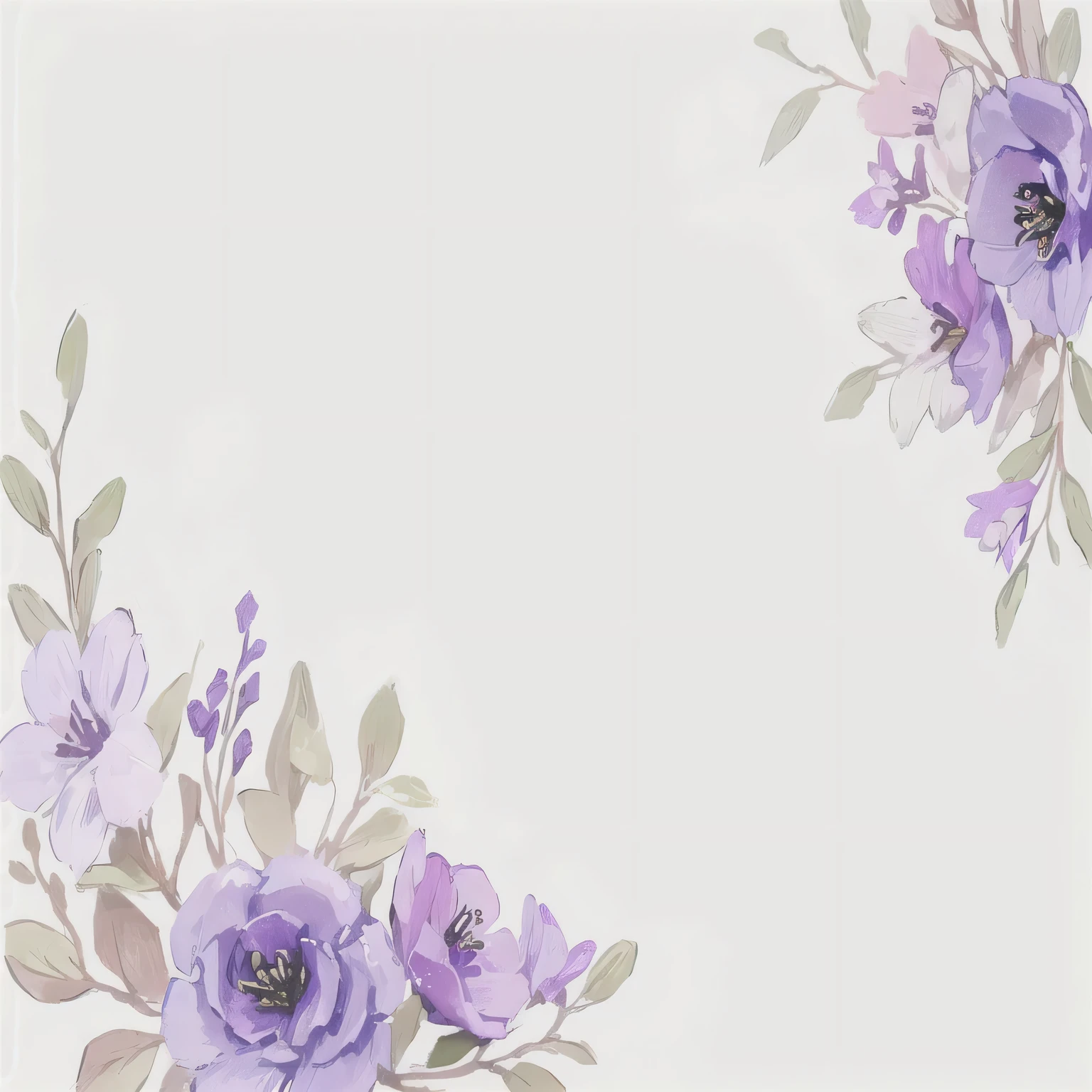 purple flowers and leaves are arranged in a corner on a white background, flower background, flowers in background, purple flowers, No text, background-image, violet colored theme, violet theme, flores violetas, pastel purple background, flower backgroundes, natural flower background, dreamy floral background, phone background, flower frame, purple color theme, flowers blooming, white border and background