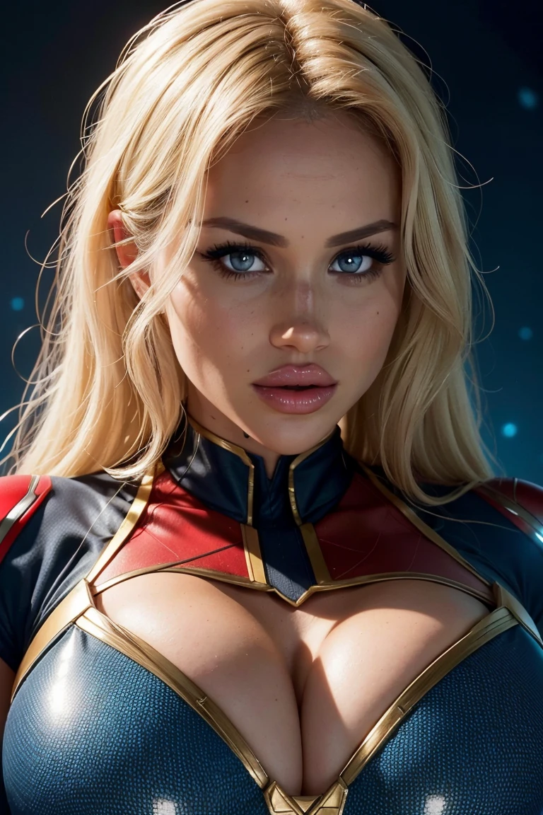 Meghan Markle, wearing Captain Marvel costume y clothes, her costume is transparent, (revealing her skin), professionally retouched, soft lighting, realistic, smooth face, perfect eyes, sharp focus on eyes, 8 k, high definition, insanely detailed, intricate, elegant. in a cosmic background, (((visible bre, she is removing her. Costume, visible nipples, vvagina, blonde haue eyes