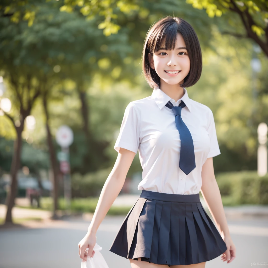 full body,high quality,bokeh,master piece,incredibly absurdres,high resolution,lens flare,a girl, one girl,solo focus,alone,full body,perfect anatomy,8k,a girl, one girl,solo focus,alone,Japanese women,18-year-old,High school girls,Clear,beautiful,Beautiful eyes,Detailed eyes,smile,teeth,handsome,short black hair,, School uniforms,collared shirts, white shirts, short sleeve, tie, light green check short skirt,Large Breasts,The background is the city,one girl