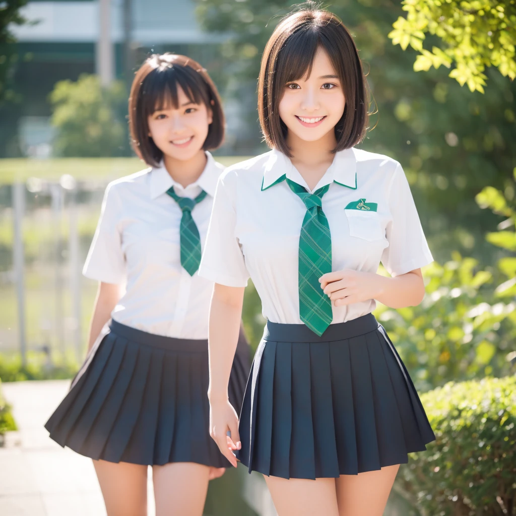 full body,high quality,bokeh,master piece,incredibly absurdres,high resolution,lens flare,a girl, one girl,solo focus,alone,full body,perfect anatomy,8k,a girl, one girl,solo focus,alone,Japanese women,18-year-old,High school girls,Clear,beautiful,Beautiful eyes,Detailed eyes,smile,teeth,handsome,short black hair,, School uniforms,collared shirts, white shirts, short sleeve, tie, light green check short skirt,Large Breasts,The background is the city,one girl