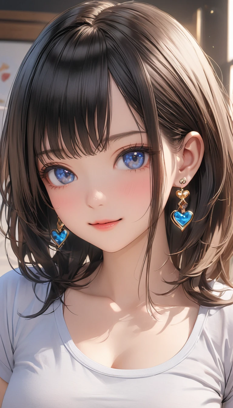 (Highest quality、masterpiece、High resolution、detailed), (Realistic skin texture:1.3), (detailedな目、Beautiful Face), 1 female, Black Hair, Blue Eyes, Delicate face, cute, Love Earrings, She is wearing a low-neck short-sleeved T-shirt and a black bra,  Playful, Ultra HD, masterpiece, Highest quality, Super Detail, Accurate, 3D Anime Real,, rtrophto1
