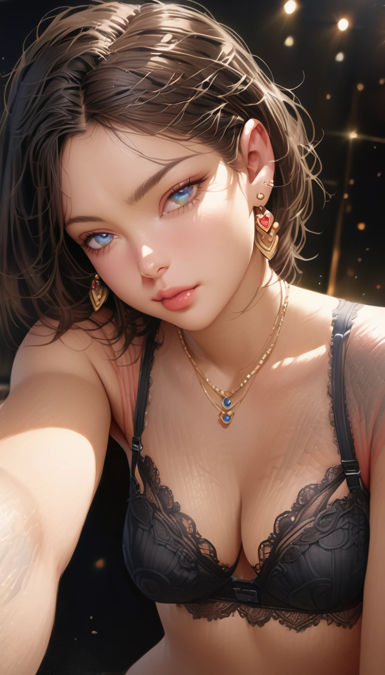 (Highest quality、masterpiece、High resolution、detailed), (Realistic skin texture:1.3), (detailedな目、Beautiful Face), 1 female, Black Hair, Blue Eyes, Delicate face, cute, Love Earrings, She is wearing a low-neck short-sleeved T-shirt and a black bra,  Playful, Ultra HD, masterpiece, Highest quality, Super Detail, Accurate, 3D Anime Real,, rtrophto1