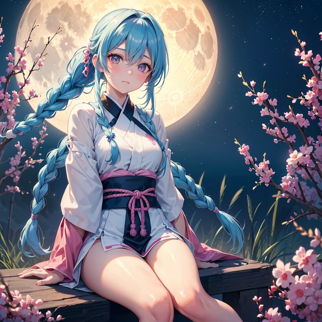 Sky blue hair, (Braided Ponytail), Pink eyes,Fair skin ,(whole body),(One Girl),Tsukimi,Dumpling,Japanese pampas grass,(beautiful, Full moon shining in the night sky),(masterpiece, Highest quality, Very detailed, Best Shadow), (Detailed Background), (Beautifully detailed face), High Contrast, (Best lighting, Very delicate and beautiful), ((Cinematic Light)), colorful, Hyper Detail,8k, Dramatic Light, Intricate details,Sit and eat dumplings while watching the moon,Rabbit pattern on the moon,mysterious