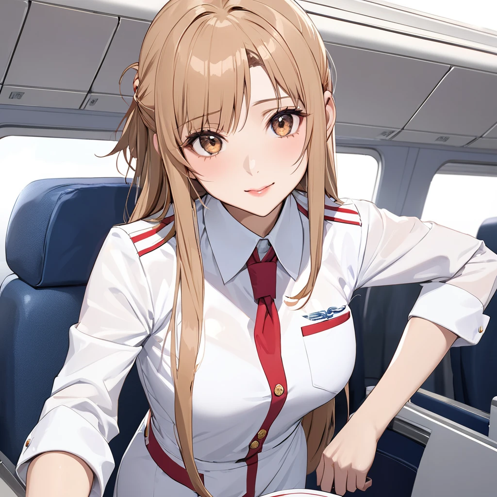 ((Highest quality)), ((masterpiece)), (detailed), （Perfect Face）、The woman is an Air China flight attendant, Yuuki Asuna, a Chinese woman with light brown, medium-long hair.、The woman is wearing an Air China cabin attendant uniform.