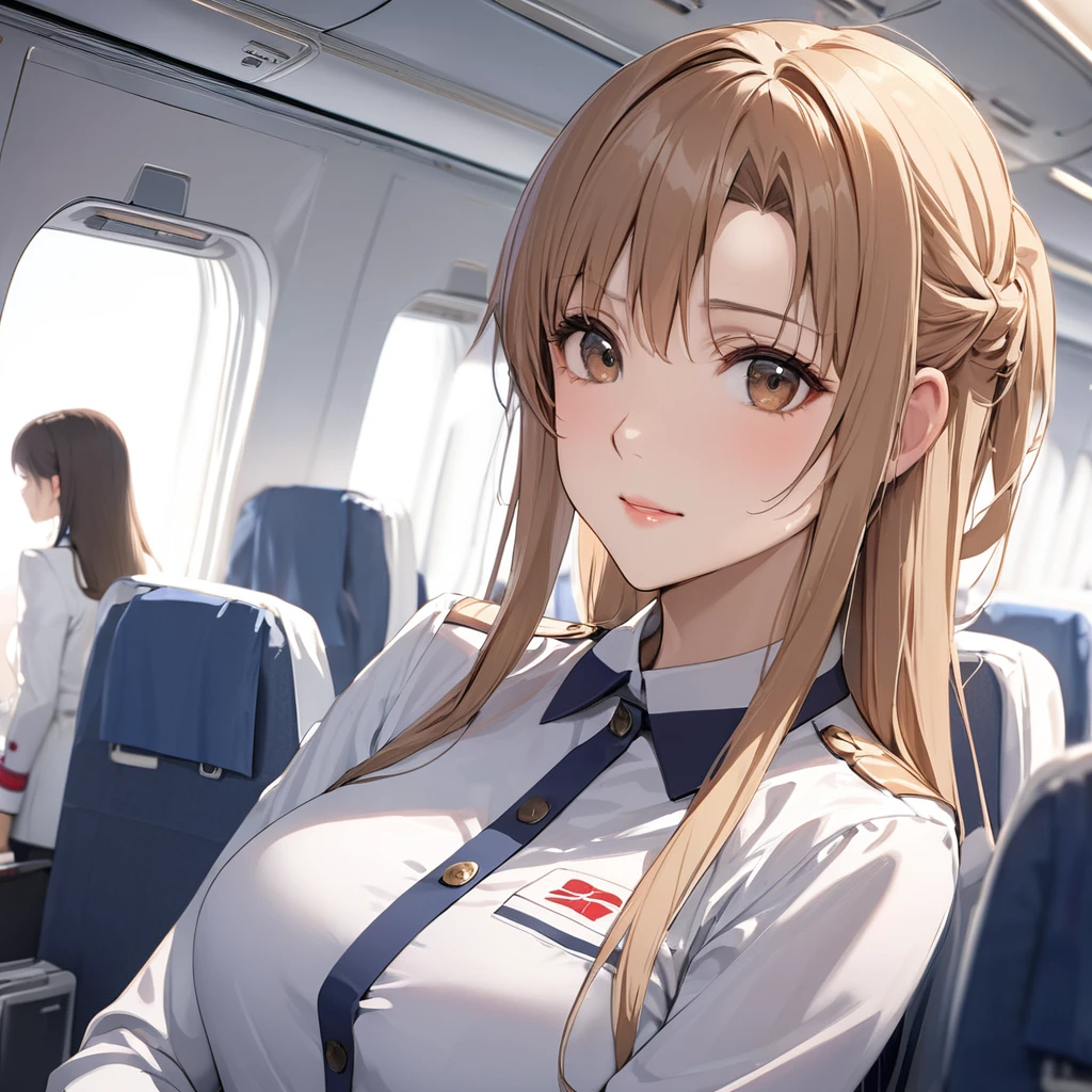 ((Highest quality)), ((masterpiece)), (detailed), （Perfect Face）、The woman is an Air China flight attendant, Yuuki Asuna, a Chinese woman with light brown, medium-long hair.、The woman is wearing an Air China cabin attendant uniform.