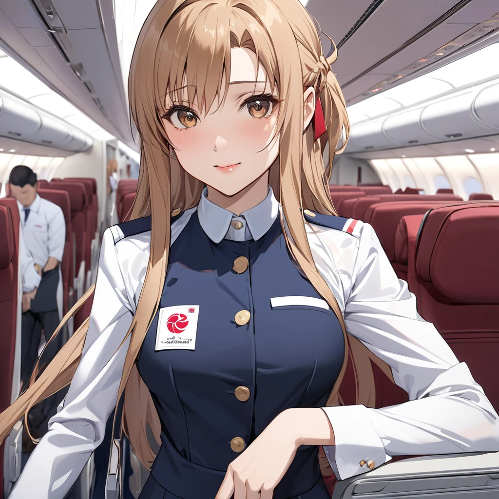 ((Highest quality)), ((masterpiece)), (detailed), （Perfect Face）、The woman is an Air China flight attendant, Yuuki Asuna, a Chinese woman with light brown, medium-long hair.、The woman is wearing an Air China cabin attendant uniform.