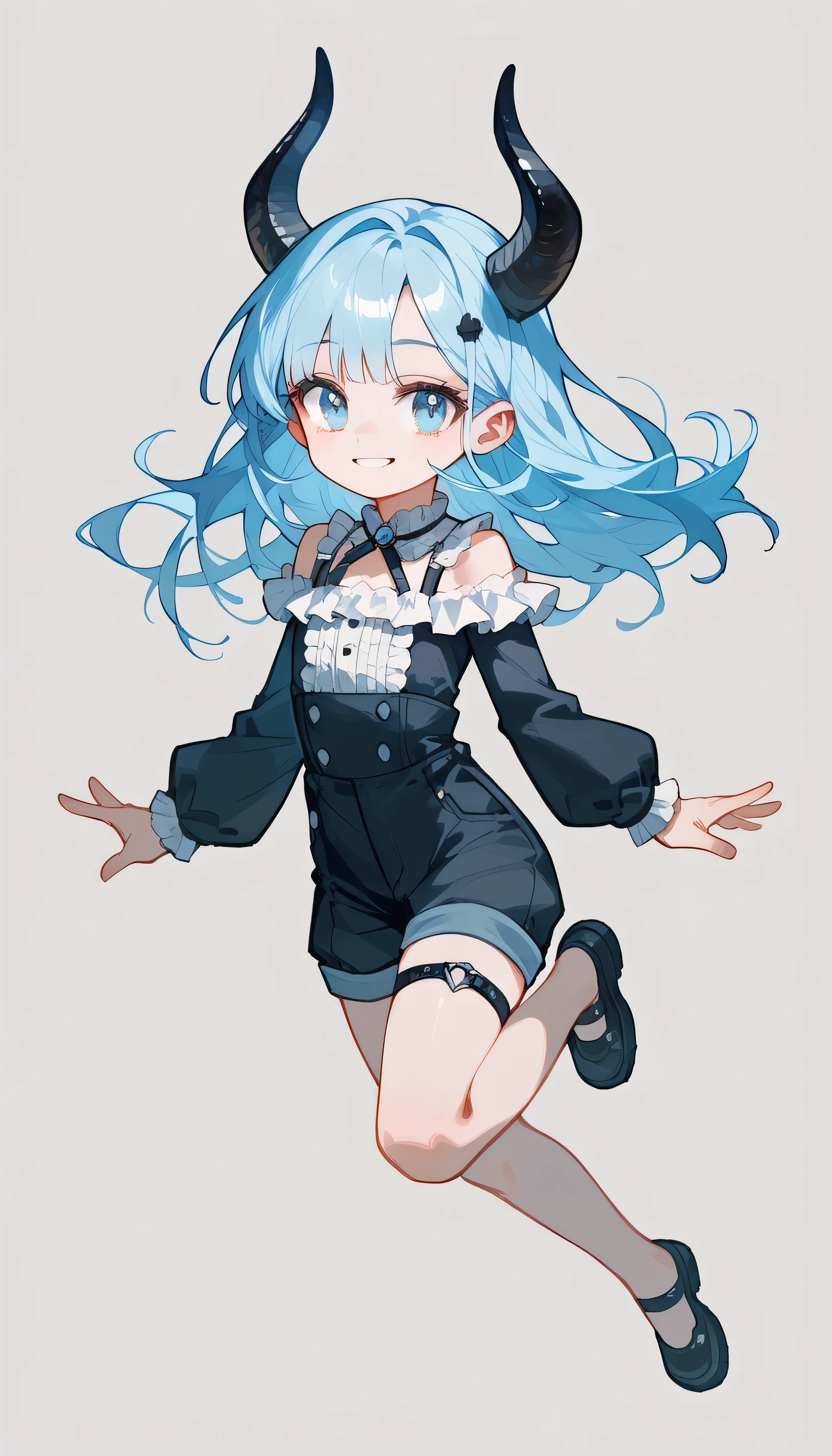 ((masterpiece)), 1girl, solo, looking at viewer, 1 young and gorgeous girl, There is a pair of brownish-black horns on the head, light blue hair, light blue eyes,beautiful eyes, gothic, smile, ((full body)), (((no background))), transparent background, short pants, jumping