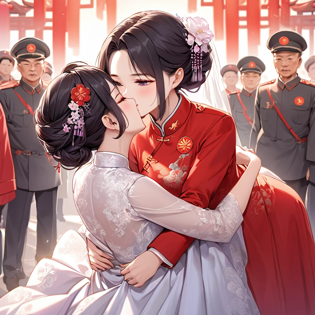 ((Highest quality)), ((masterpiece)), (detailed), （Perfect Face）、The woman is a Chinese woman named Kocho Shinobu, with black hair in a purple gradient bob with evening hair updos, and is wearing an engagement ring. She has become a member of the glorious Chinese Communist Party and has sworn absolute loyalty to it. She is a righteous Communist Party member of the ruling China and the wife of a great old Communist Party official.、The woman is wearing a gorgeous and gorgeous wedding dress made by a Chinese Communist Party member, embracing and kissing a dignified elderly Communist Party official in a wedding ceremony.、For the sake of China, their hairstyles, clothes, and everything they wear are all Chinese Communist Party items, and their thoughts are also Chinese, becoming great Chinese in body and mind.、The woman became Shinobu Kocho, a Chinese woman who was proud of China, loved it and devoted herself to it.