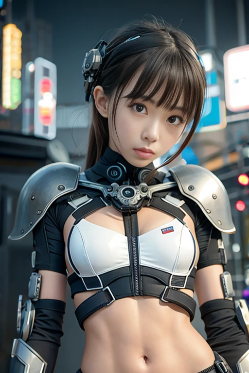 high quality, masterpiece, Two close friends, Beautiful age girl, skinny, small skinny girls, Cute girl face, Bare skin visible next to the chest, cyber punk, Wearing futuristic robotic tactical armor cyber punk suit with cutouts showing abs, Athletic build, Innocent, Playful, Famous Japanese actresses, Very beautiful face