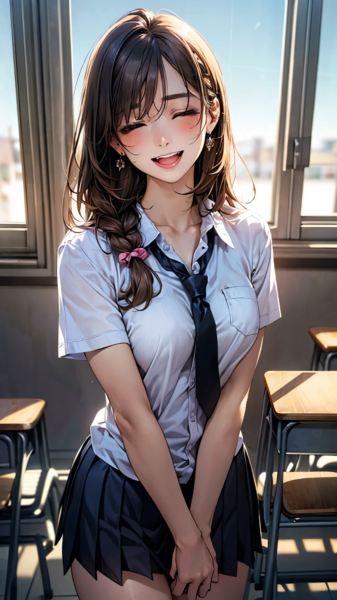 (masterpiece:1.2, top-quality), (realistic, photorealistic:1.4), beautiful illustration, (natural side lighting, movie lighting), depth of fields, nsfw,
beautiful detailed hair, beautiful detailed face, beautiful detailed eyes, beautiful clavicle, beautiful body, beautiful chest, beautiful thigh, beautiful legs,
looking at viewer, 1 girl, , (perfect anatomy, anatomically correct, super detailed skin), cute and symmetrical face, perfect face, perfect eyes,
(long hair, straight hair, light brown hair), braided bangs, break light brown eyes, big eyes, (medium breasts, seductive thighs), perfect body, shiny skin, pink skin,
(detailed cloth texture, break blue pleated skirt, break blue tie, break short sleeve, (black collared shirt)), break
(beautiful scenery), morning, (school classroom:1.1), standing, (waving hand), (laughing, closed eyes, open mouth),